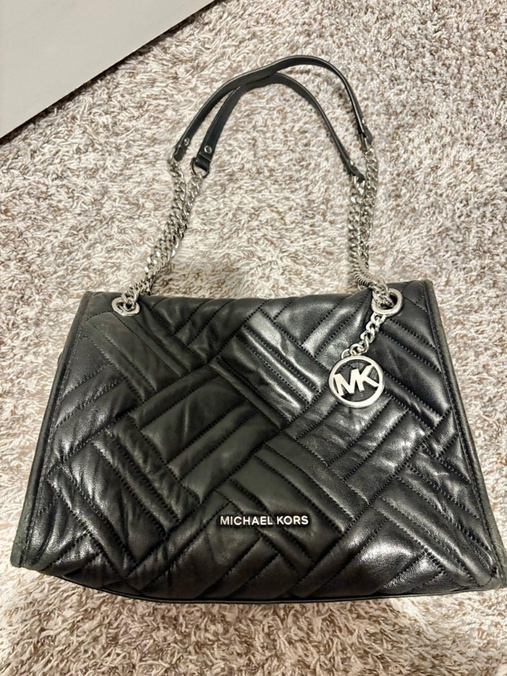 Michael Kors Black Quilted Leather Shoulder Bag with Silver MK Charm